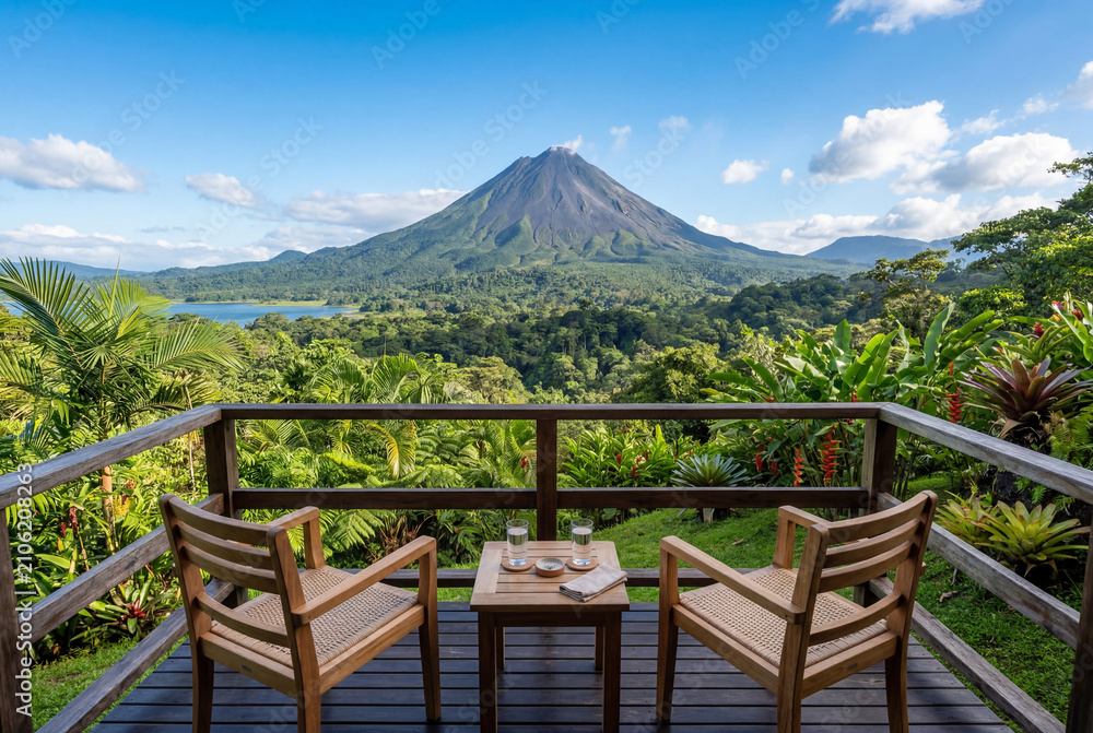 Obraz premium View of volcano and forest from wooden balcony with chairs