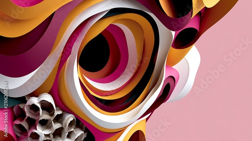 Abstract colorful layered paper art with spiral and circle patterns on pink background