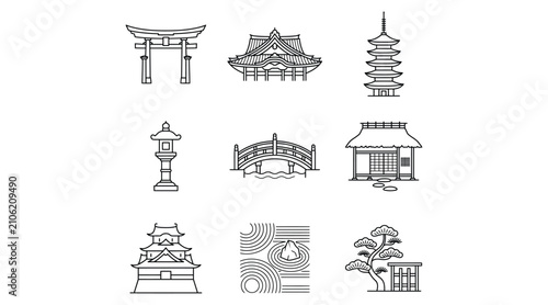 Japanese Architecture Icon Set – Torii, Pagoda and Temple Line Icons
Japanese architecture icon set featuring torii gate, pagoda, temple and traditional building line icons. Perfect for travel, Asian 
