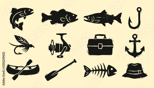 Vintage fishing gear and aquatic life vector silhouette collection for outdoor recreation
