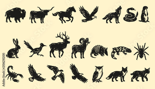 Tableau sur toile North American wildlife linocut illustration set featuring desert animals in bla
