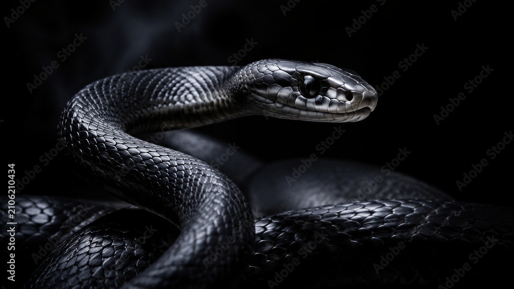 Fototapeta premium Black snake coiled and motionless on dark backdrop