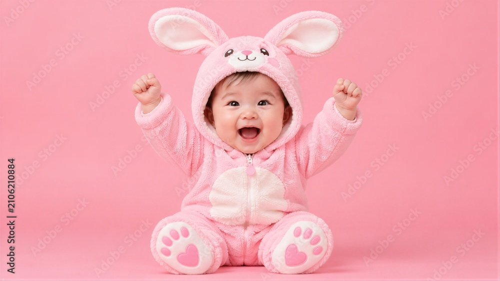 Fototapeta premium Baby wearing pink bunny costume sitting on pink background