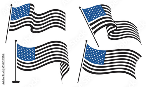 American Flag Illustration Set of Four Isolated Waving Flags with Stars and Stripes for Patriotic Design Concepts
