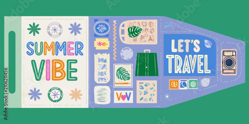 Cuadro en lienzo travel stickers on suitcase colorful retro style summer vibe vacation holiday ad