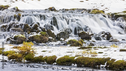 Small waterfall, onset of winter, Fjallabak Nature Reserve, Sudurland, Iceland