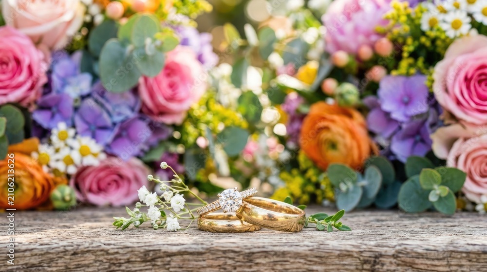 Fototapeta premium Wedding rings surrounded by colorful flowers in a romantic garden setting