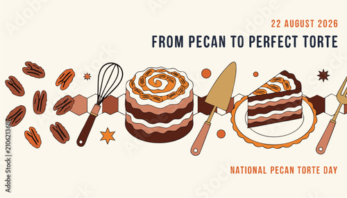 Fotografie Digital illustration of delicious pecan torte cake with baking tools