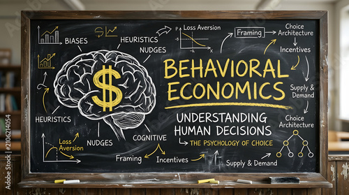 Blackboard with displays chalkboard covered behavioral economics diagrams text featuring brain dollar sign psychology education cognitive with heuristic