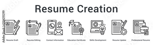 Resume creation banner web icon drafts and edits contact information with education and skills for professional resume.