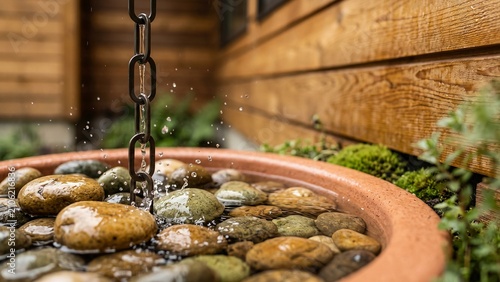 Rain chain with water dripping down metal links into ceramic bowl of river stones next to wooden wall, sustainable garden decoration