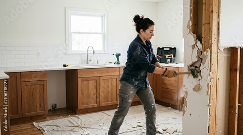 Woman demolishing kitchen wall with sledgehammer. Female worker doing home renovation and remodeling project