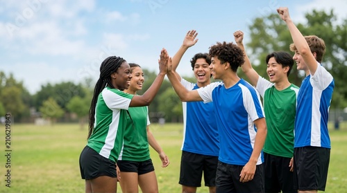 Diverse young sports team celebrating with high fives on a field. Happy teenage athletes in green and blue uniforms. International Youth Day concept