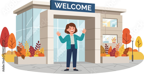 Woman waving hello at office entrance. Friendly employee welcoming guests to building.