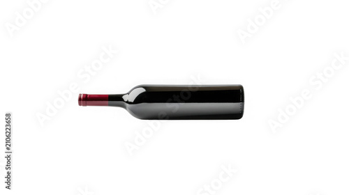 Horizontal dark wine bottle with red foil cap with single dark glass on transparent background