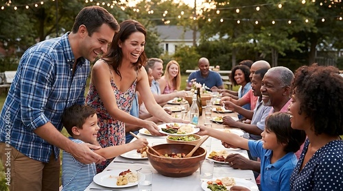 Happy family and friends sharing dinner at outdoor party.