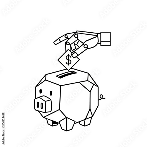 Robot hand depositing dollar into piggy bank