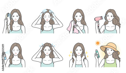 女性の洗髪とヘアケア・紫外線対策のイラスト8点セット（シャンプー・ドライヤー・頭皮マッサージ・帽子）