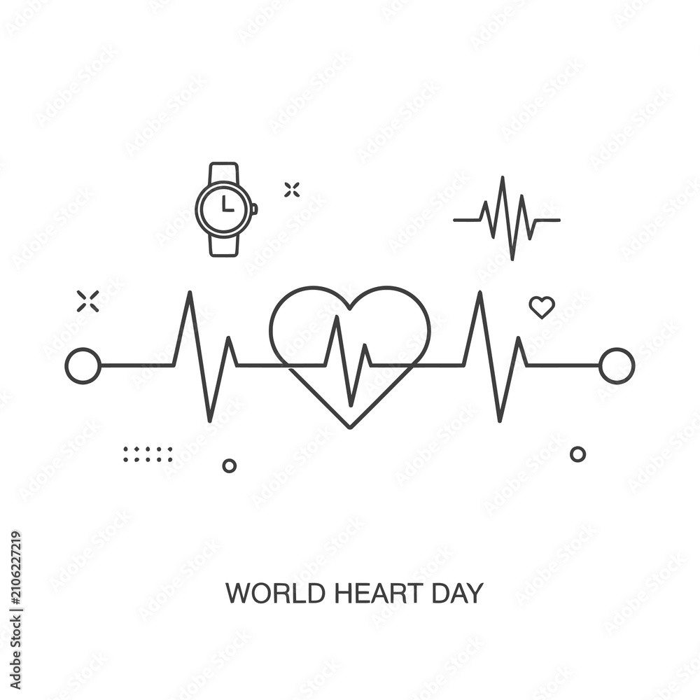 Obraz premium Minimalist Linear Design Featuring Heart Rhythm EKG Pulse and Timepiece Elements for Cardiac Awareness and Healthy Lifestyle Concept