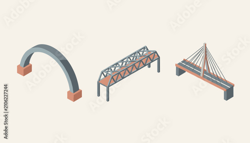 Three isometric civil engineering bridge designs including a concrete arch, steel truss, and modern cable-stayed bridge.