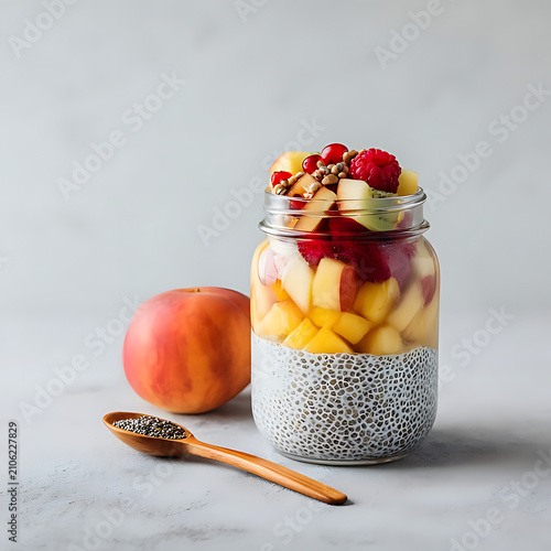 Layered chia seed pudding with fresh kiwi mango and berries in glass jar