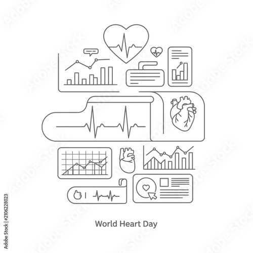 World Heart Day medical line art featuring cardiology data charts and pulse monitoring icons for cardiovascular health awareness