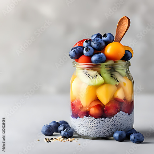 Layered chia seed pudding with fresh kiwi mango and berries in glass jar