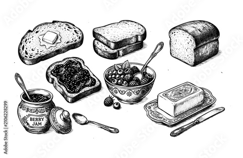 Hand drawn breakfast food set. Sketch of bread, berry jam, and butter for menu design.