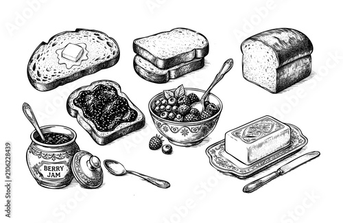Hand drawn breakfast food set. Sketch illustration of bread, jam, berries and butter.