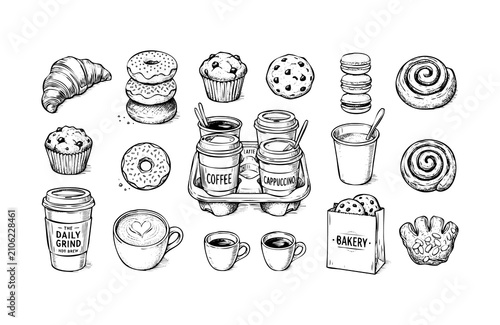 Hand drawn bakery and coffee set. Sketch collection of pastries and hot drinks.
