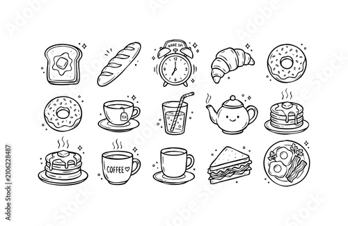 Breakfast food icons set. Hand drawn doodle collection of morning meals and drinks.