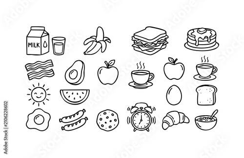 Breakfast food icons set. Hand drawn morning meal elements and healthy nutrition doodles.