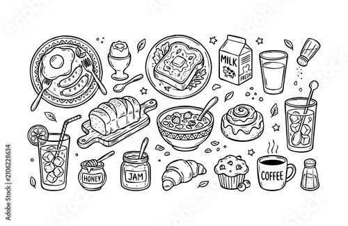 Breakfast food doodle set. Hand drawn morning meal icons and delicious brunch elements.