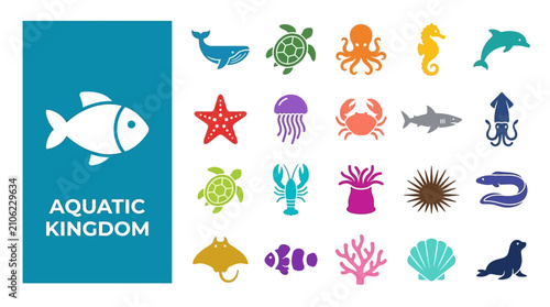Photography Aquatic kingdom marine animal icons for ocean wildlife design