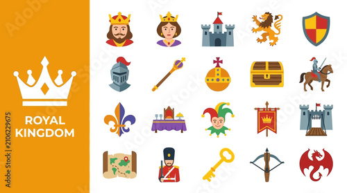Принти на полотні Medieval royal kingdom icon collection with monarchy elements