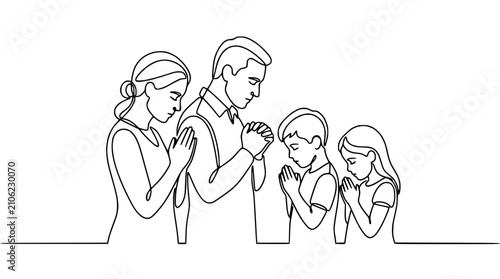 Obraz na plátne Family praying together, continuous line drawing, faith and devotion