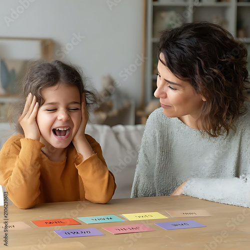Mother and young daughter looking at emotion face cards on table