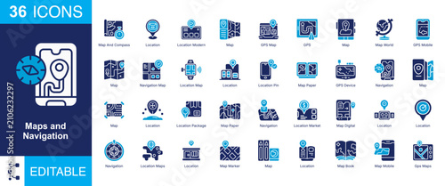 Fotografía Maps and Navigation solid icon set