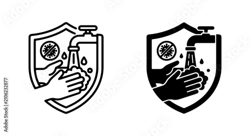 Bild auf Leinwand Hygiene Icons: Hand Washing Protection Shield, Germs, Water Tap, Soap, Cleanline