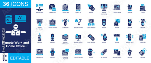 Bild auf Leinwand Remote Work and Home Office solid icon set