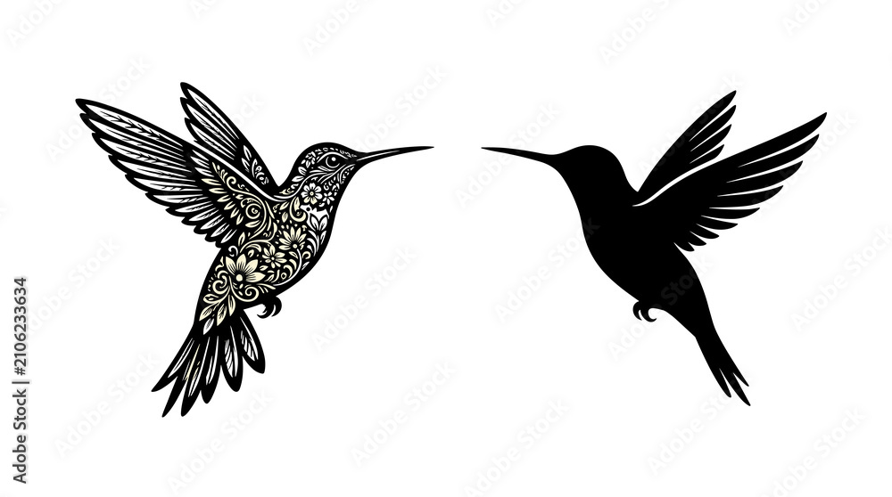 Fototapeta premium Ornamental Hummingbird Duo Silhouette and Detailed Floral Illustration Set for Creative Art Projects