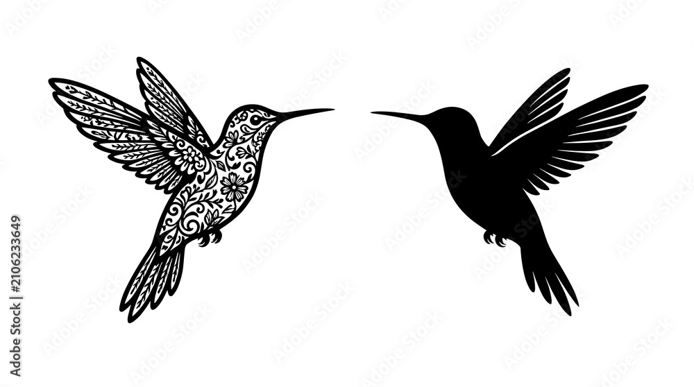 Fototapeta premium Two hummingbirds, one detailed and decorative, the other a solid silhouette, captured in flight against a white background, symbolizing contrast and nature's delicate beauty