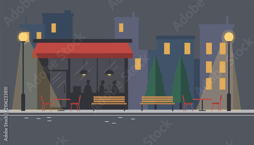 Cozy city street cafe at night featuring lit lamps, outdoor seating tables, and pine trees under dark sky.