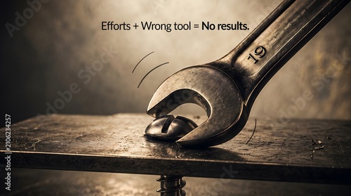 Adjustable wrench clamping nut on metal surface implying incorrect tool usage with large wrench tightening nut wooden board motivational quote