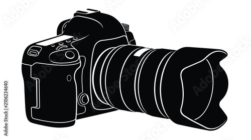 Canvastavla Black camera with telephoto lens isolated on white