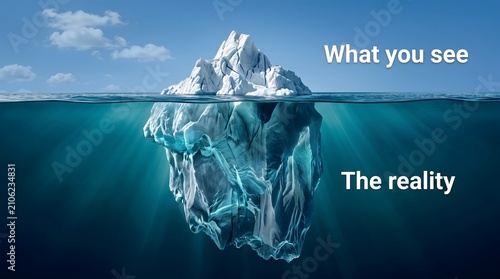 Iceberg metaphor illustrating hidden truths and perception versus reality concepts with depicts large glacier blue ocean water text overlay