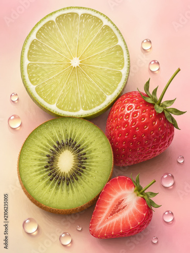 Fresh sliced lime kiwi and strawberry fruits with water drops on pink