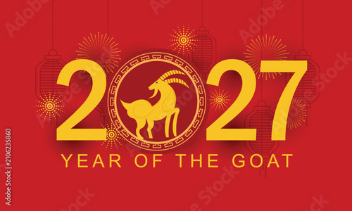 Foto 2027 Chinese New Year festival background with cute goat and hanging lamps