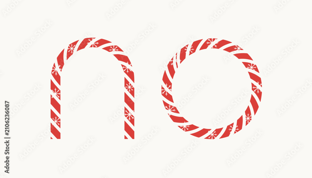 Fototapeta premium Christmas themed candy cane striped arch and circle frames decorated with white snowflake details on a white background.
