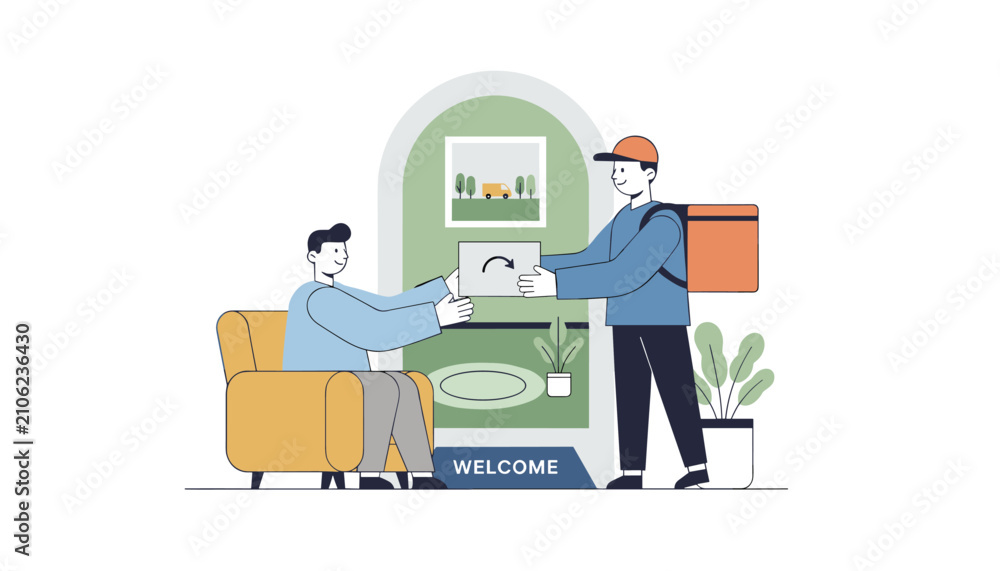 Fototapeta premium Professional delivery man handing over a tablet with a return arrow to a man sitting comfortably on an armchair.